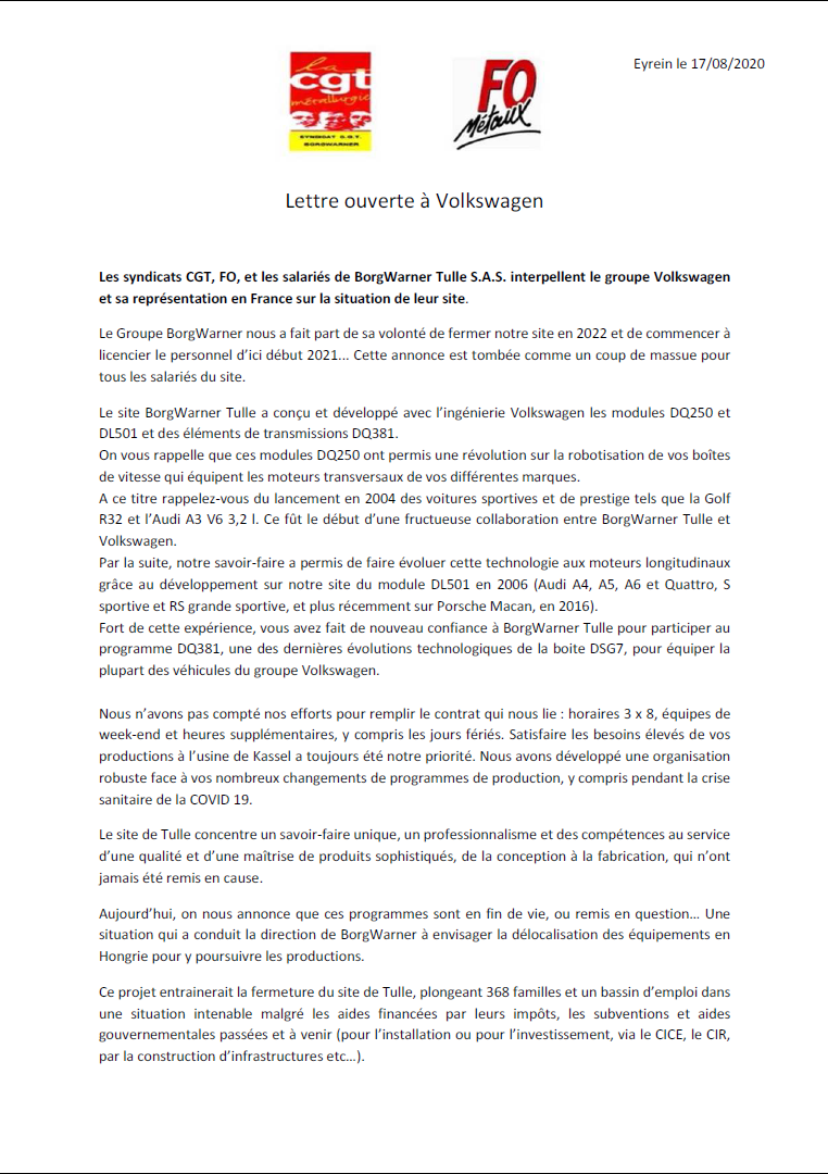 Lettre Ouverte Salariés de BorgWarner A Wolskwagen