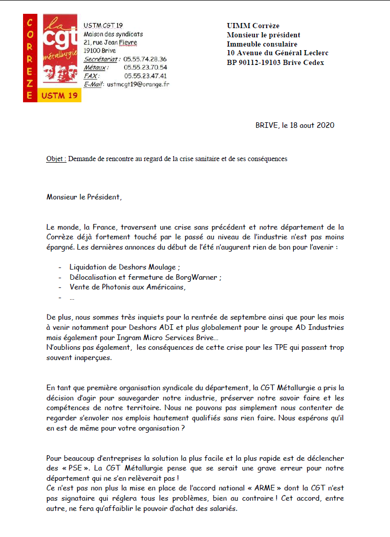 Lettre USTM CGT 19 A L'UIMM Corrèze